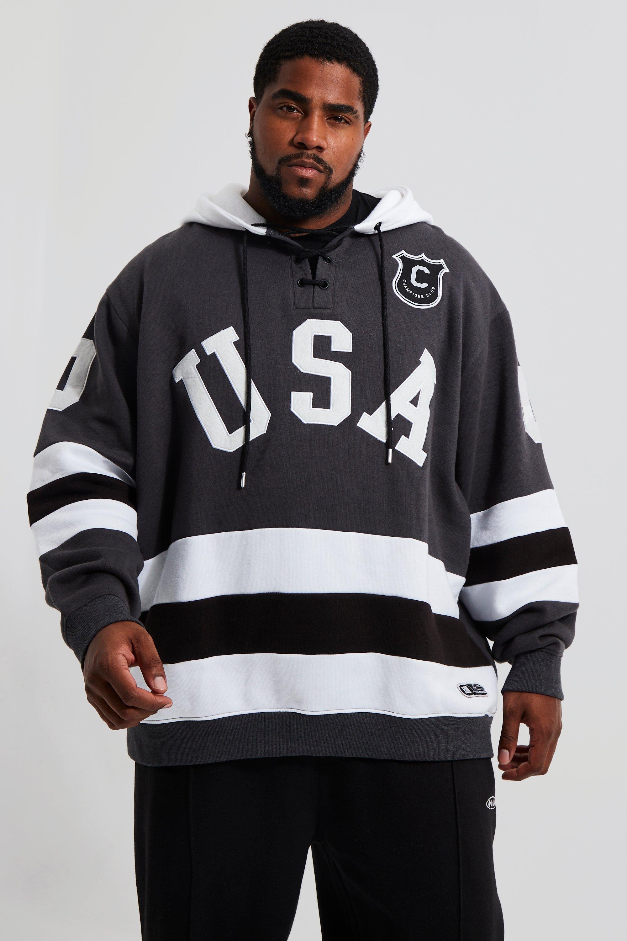 Mens Grey Plus Loose Fit Varsity Hockey Hoodie, Grey